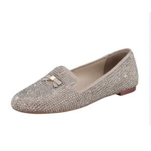 Tory Burch 7M Chandra Sparkle Smoking Slipper Loafer Crystal Studs Bow Taupe
